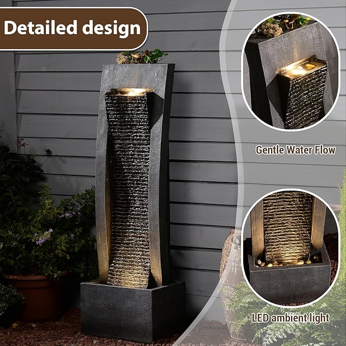 Outdoor Water Fountain, 49.2" Tall Freestanding Fountain with LED Lights & Pump - Curved Faux Slate Waterfall Feature for Garden/Patio/Backyard, Resin Fiberglass Indoor Outdoor Floor Standing Fountain