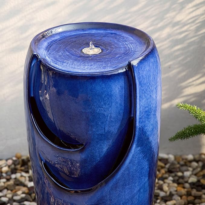 Glitzhome Outdoor Water Fountain with LED Light, Oversized Ceramic Vase Water Fountains Outdoor, Tall Water Feature Backyard Fountain for Garden Patio, Cobalt Blue, 29.3”H