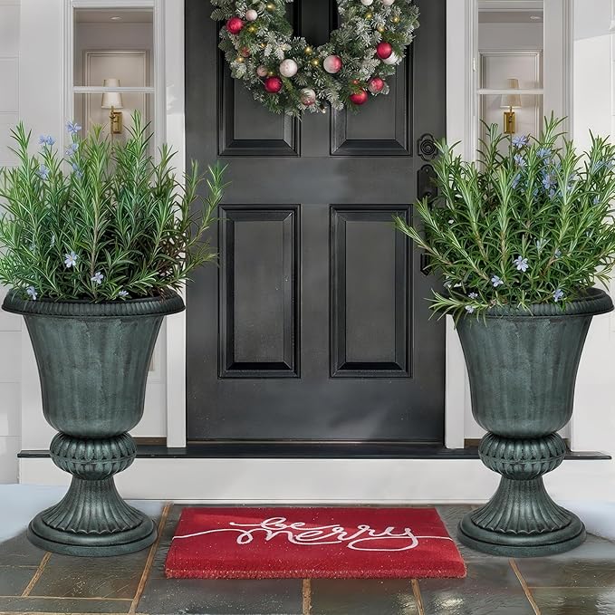 MoNiBloom 20'' Plastic Urn Planter Vase Set of 2, for Outdoor Indoor Plants Garden Patio Vintage Decorative Wedding Pedestal Roman Flower Pot Decoration Retro Home Front Porch Door Decor (Dark Green)