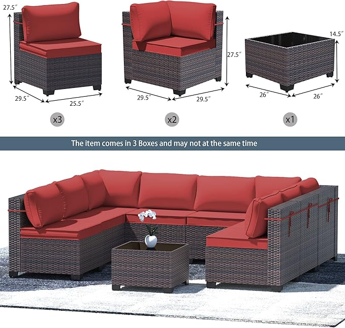 9 Pieces Outdoor Patio Furniture Set,Outdoor Sectional Furniture All Weather PE Rattan Wicker Patio Conversation Set with Coffee Table and 8 Thickened Cushions,Red