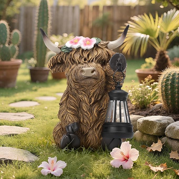 Solar Highland Cow Garden Outdoor Statue,Highland Cow Figurines Sculpture with LED,Farmhouse Decor,Patio Balcony Yard for Pasture & Farm Theme Housewarming Easter Day Gifts for Women Mom