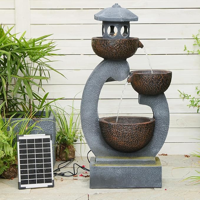 36 inches Water Fountain Outdoor Solar Powered Zen Pagoda Garden Japaness Modern Tranquil Waterfalls Fountains Landscaping Cascading Bowls on Patio Yard Porch Deck Balconies Lawns, Gray