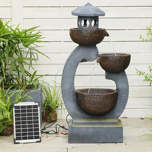 36 inches Water Fountain Outdoor Solar Powered Zen Pagoda Garden Japaness Modern Tranquil Waterfalls Fountains Landscaping Cascading Bowls on Patio Yard Porch Deck Balconies Lawns, Gray