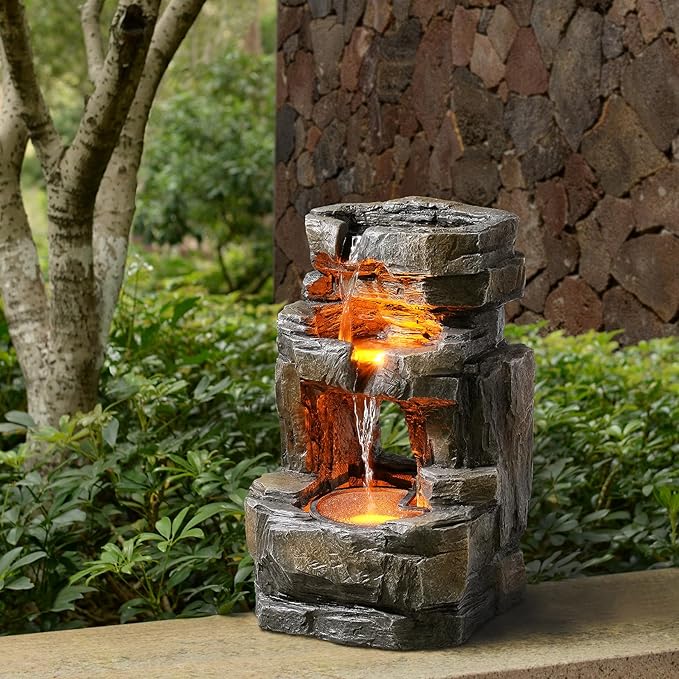 Kalona Outdoor Waterfall Fountain with LED Lights - 3-Tier Resin Rock Water Feature for Garden Patio Backyard, 21.5" Tall Fountain Decor 24392