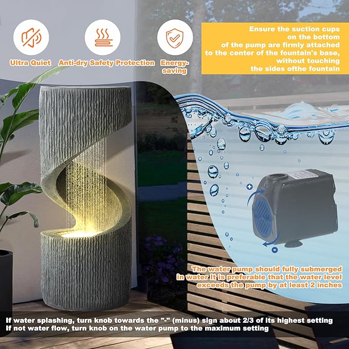 MAGIC UNION Outdoor S-Shaped Water Fountain, Spiral Waterfall Indoor Fountain Outside Garden Decor with LED Lights & Pump, Curved Patio Resin Fountains for Yard, Deck, Porch and Home Decorations