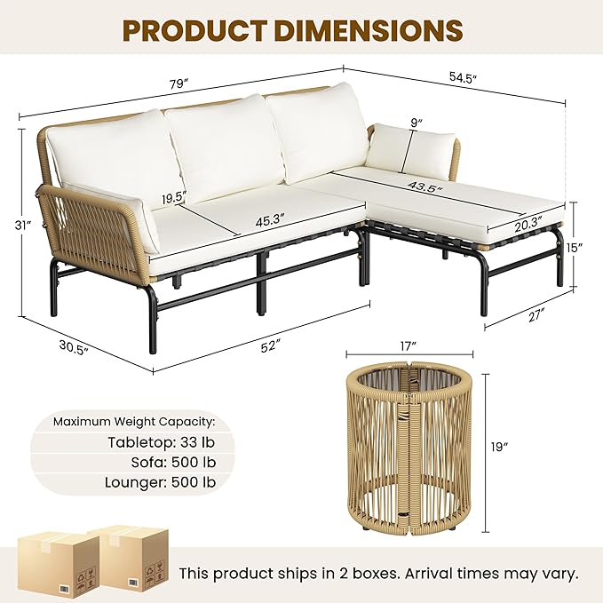 Yaheetech 3 Pieces L-Shaped Conversation Sofa Set, Outdoor Patio Furniture Set w/Detachable Lounger, Thick Cushions, Glass Side Table for Patio, Backyard, Porch, Garden