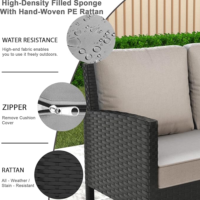 7-Piece Patio Furniture Set, Outdoor Conversation Set with Dining Table & Ottomans, PE Rattan Sofa Set with Throw Pillows and Cushions for Deck Yard Poolside, Gray