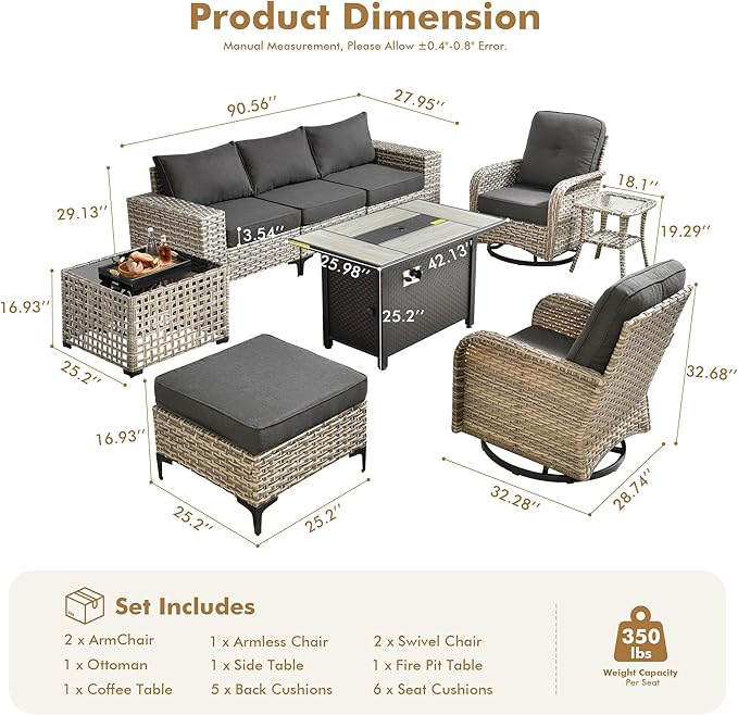 Patio Furniture Set,9 Pieces Outdoor Wicker Conversation Sets with 42 in Fire Pit Table,2 Wicker Rocking Chair & Coffee Table,Outdoor Sectional Sofa for Balcony Backyard Poolside Garden Lawn(Black)