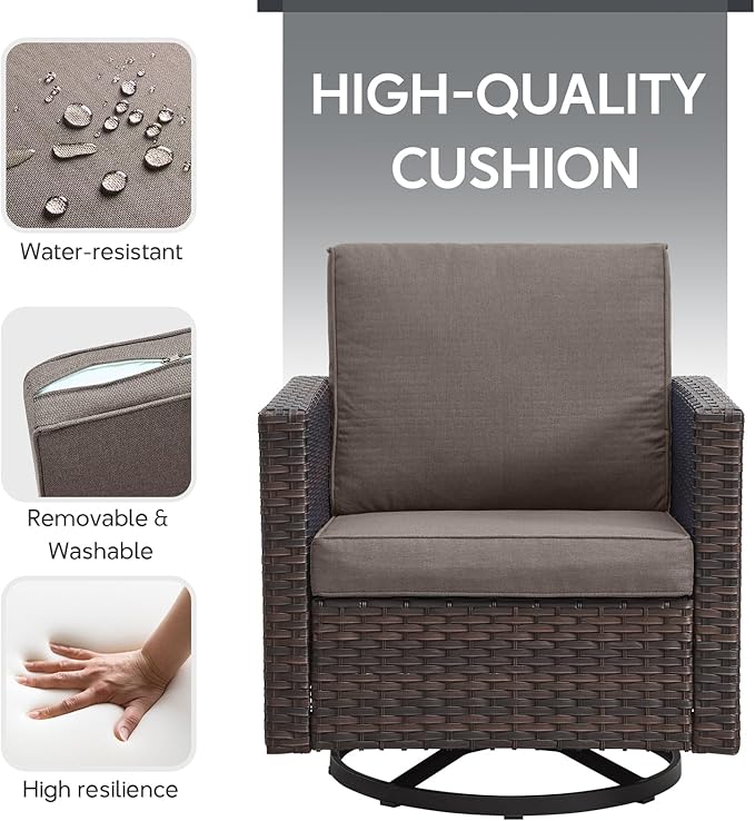 7 Piece Wicker Patio Furniture with Fire Pit Table - Outdoor Conversation Set with 50,000 BTU Fire Pit, All Weather Rattan Patio Set for Deck Backyard Garden - Brown Wicker Grey Cushion