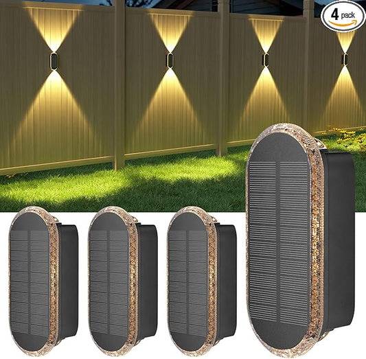 Ellasay Fence Lights Solar Powered: 4 Pack Solar Wall Lights Outdoor Up and Down IP67 Waterproof - 3 Colors Modes Brighter LED Lens Solar Lights Dusk to Dawn 12h for Backyard/Porch/Railing/Balcony