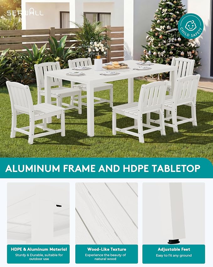 SERWALL 9-Piece Outdoor Dining Set, 60" - 83" Expandable Outdoor Dining Table and 8 HDPE Chairs, All Weather HDPE Outdoor Furniture Set for Backyard, Garden, White - Image 5