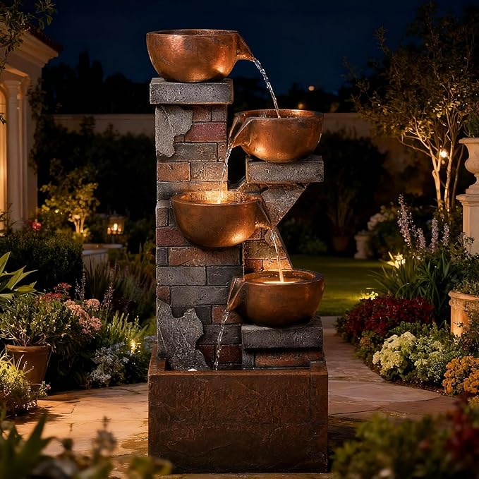 5 Tiers Water Fountain Outdoor Garden - 33.5" H Shape K Indoor Waterfall Fountain with LED Lights for Patio, Balconies, Lawns, Deck, Porch Backyard and Home Art Decor