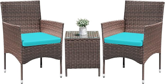 Greesum 3 Pieces Patio Dining PE Rattan Wicker Chair Furniture Set with Cushion and Glass Coffee Table for Outdoor Garden Backyard Poolside, Brown and Blue