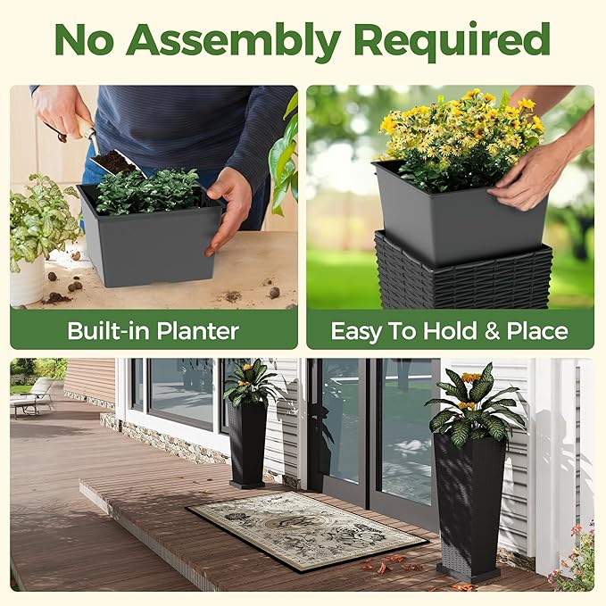 2 Pack Large Planters for Indoor Plants, Outdoor 24 inch Tall Planter with Removable Liners, Plant Pots for Trees Flowers, All-Weather Use with Drainage Holes & Saucers for Porch, Patio, Black