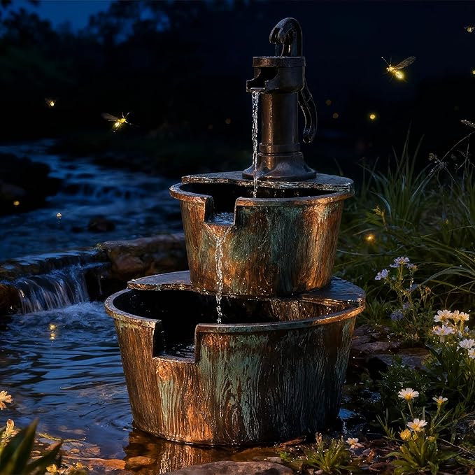 Athena Collection 27'' Height Electric Waterfall Fountain 2 Tier Stepped Barrel Vintage Fountain Polypropylene with Pump Freestanding Floor Tabletop Fountain for Outside, Patio, Garden, Green