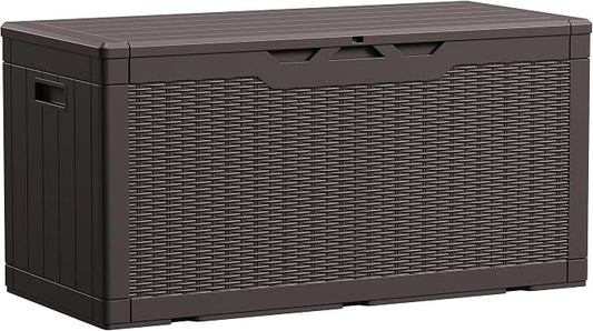 Devoko 100 Gallon Waterproof Large Resin Deck Box Indoor Outdoor Lockable Storage Container for Patio Furniture Cushions Garden Tools (100 Gallon, Dark Brown) by DEVOKO