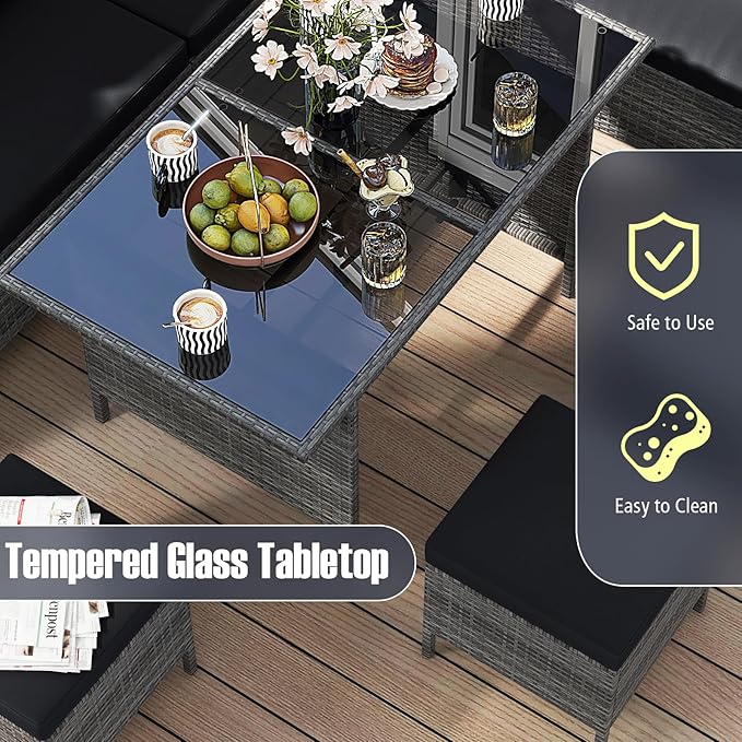 Tangkula 7 Pieces Patio Dining Furniture Set, Outdoor PE Rattan Sectional Sofa Set with Soft Cushions, Ottomans and Tempered Glass Table, Wicker Conversation Set (Mix Gray + Black)