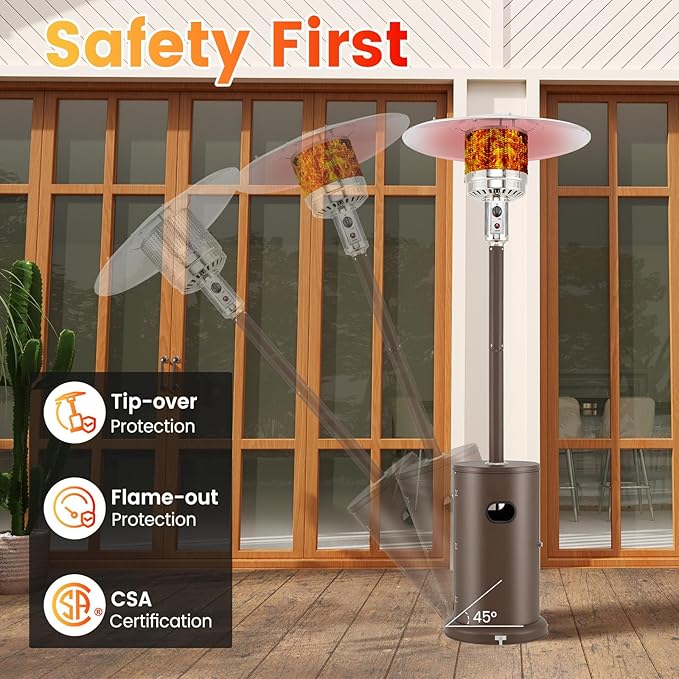 Happygrill 50,000 BTU Outdoor Heater, Round Propane Patio Heater with Stainless Steel Burner, Tip-Over & Flame-Out Protection & Wheels, Outdoor Heaters for Patio (Brown)