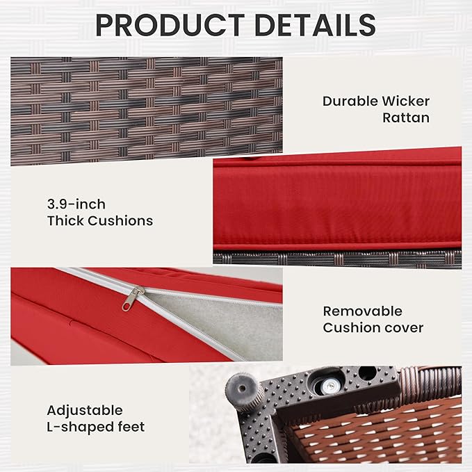 13 Pieces Outdoor Patio Furniture Set,Outdoor Sectional Furniture with 43" 55000 BTU Gas Propane Fire Pit Table,PE Rattan Wicker Patio Conversation Set with 10 Thickened Cushions,Red