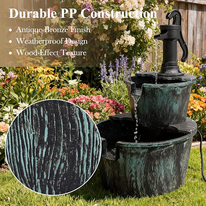 Athena Collection 27'' Height Electric Waterfall Fountain 2 Tier Stepped Barrel Vintage Fountain Polypropylene with Pump Freestanding Floor Tabletop Fountain for Outside, Patio, Garden, Green