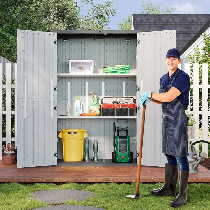 Aoxun White Resin Outdoor Storage Shed with 2 Shelves & Floor, 64 Cu.Ft Vertical Waterproof Cabinet for Garage, Pool, Bike, Garden Tools, Patio Furniture - Image 7