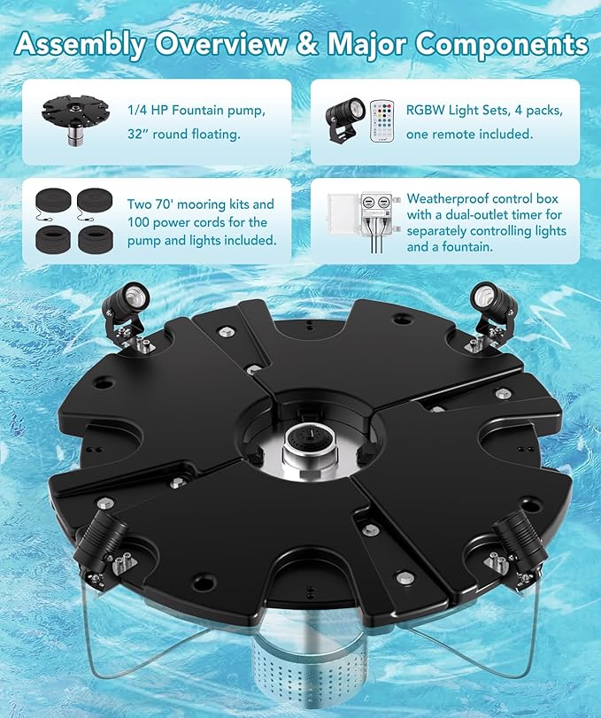 HQUA FS02 120V, 1/4HP, Large Pond Floating Fountain with FSL01 LED RGB Color-Changing Light Sets, 100’ Cord, 9000 GPH, Two Spray Patterns 25'×6' and 13'×4'