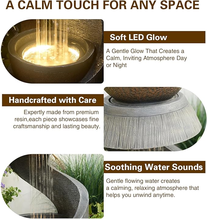 31.9" Outdoor Water Fountain with Lights, Modern S-Shaped Waterfall Fountain Garden with Bowl, Resin Outside Water Feature for Garden Patio Yard Deck Balcony, Indoor Outdoor Water Fountains