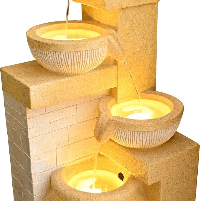 31.89" Outdoor Garden Water Fountain with Lights 4 Tiers Cascading Large Waterfall Floor Standing Fountain for Patio, Backyard, Deck, Porch and Home Art Decor