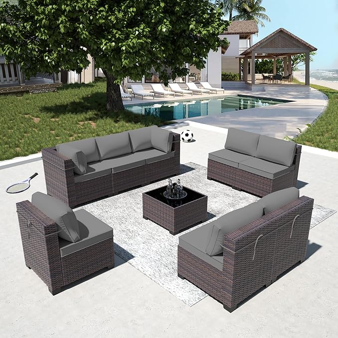 9 Pieces Outdoor Patio Furniture Set,Outdoor Sectional Furniture All Weather PE Rattan Wicker Patio Conversation Set with Coffee Table and 8 Thickened Cushions,Grey