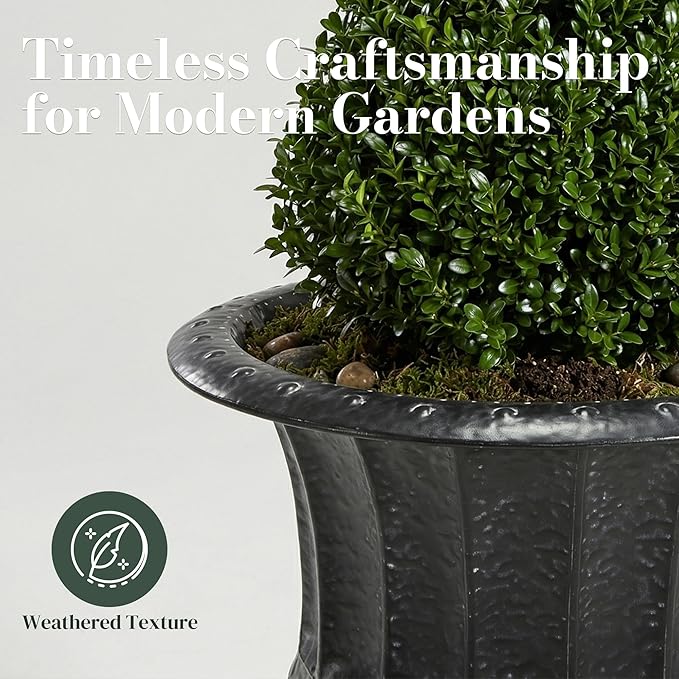 Worth Garden 25" H. Metal Urn Planters 2-Pack - Black Traditional Classic Iron Plant Pots - Large Decorative Rustic Flower Container for Patio, Front Porch, Outdoor Use