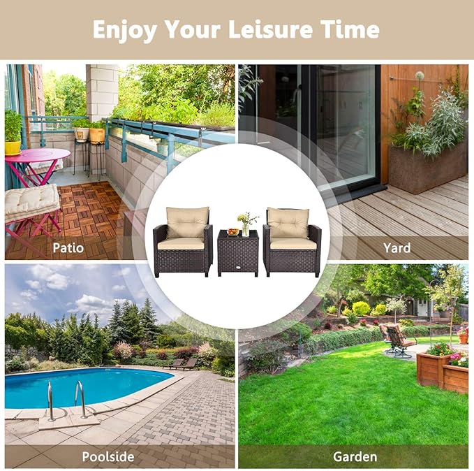 KOTEK 3 Piece Patio Furniture Set, Outdoor Conversation Set with Washable Cushions & Tempered Glass Tabletop, PE Rattan Wicker Bistro Set for Porch, Garden, Balcony (Beige)