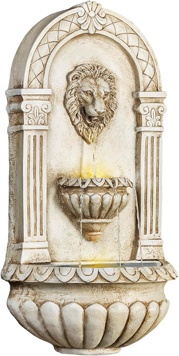 Alpine Corporation TZL160 Indoor/Outdoor Floor Lion Head Wall Fountain with LED Lights, Wall-Mounted Waterfall, 32", Ivory