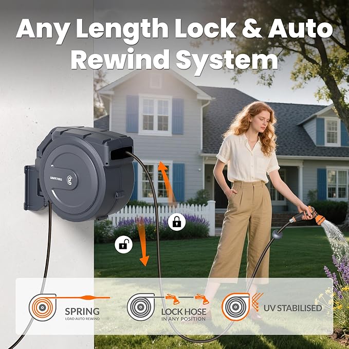 Giraffe Tools AW30 Wall Mounted 1/2" x 100 ft Garden Hose Reel, Retractable Water Hose Reel, Automatic Rewind & Lock at Any Length - Image 3