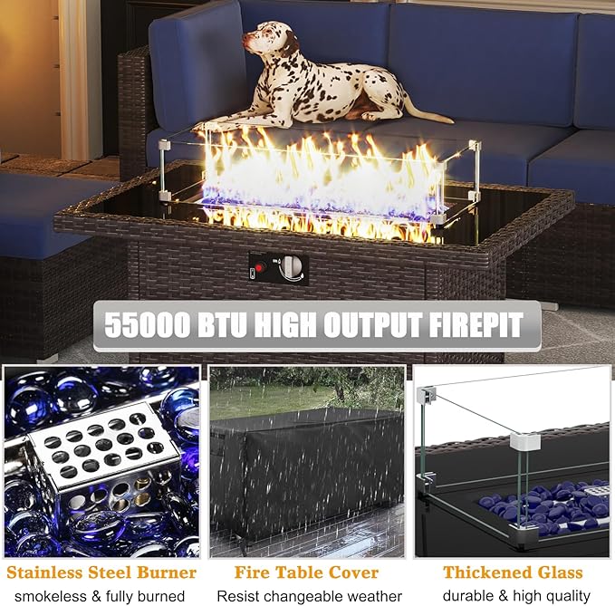 LayinSun 8 Pieces Outdoor Patio Furniture Set with 44" Fire Pit Table Brown Rattan Sectional Sofa Conversation Sets