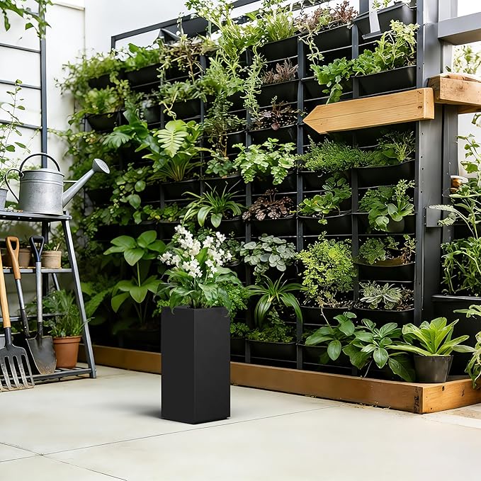 Kante 20.3" H Tall Rectangular Concrete Planter, Modern Square Diameter Plant Pot with Drainage Hole and Rubber Plug for Indoor Outdoor Home Patio Garden, Black