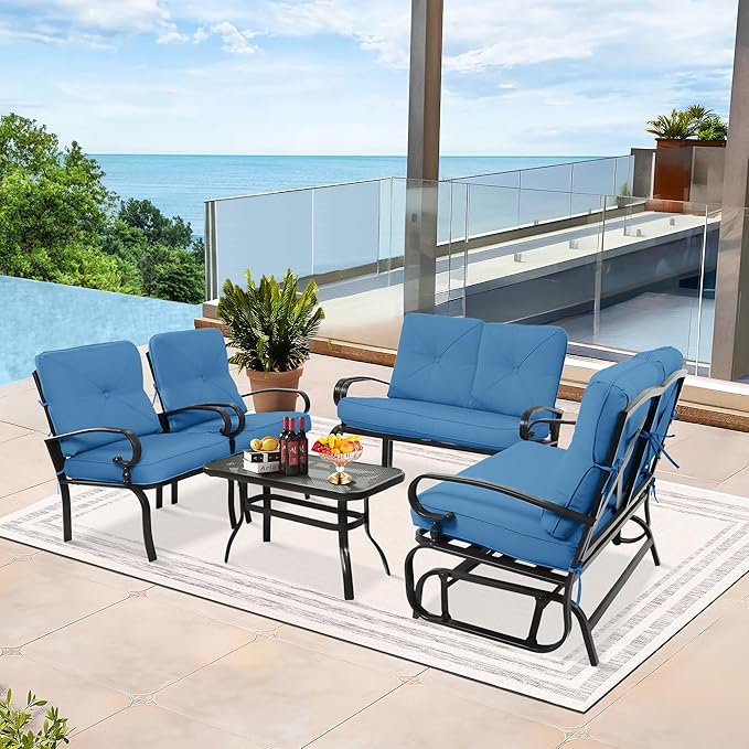 5 Pcs (6 Seats) Outdoor Patio Furniture Conversation Sets, Glider, Loveseat and Coffee Table, 2 Lounge Chairs with Cushions (Peacock Blue)