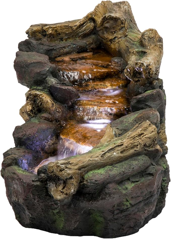 Alpine Corporation TZL296 41" Long Indoor/Outdoor River Rock and Log Fountain with LED Lights – Outdoor Water Feature for Garden, Patio, and Home Décor, Brown