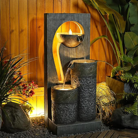 Outdoor Water Fountain Garden Waterfall - Large Zen Indoor Fountains Modern Freestanding Water Features with Lights and Pump for Patio Yard Deck Porch Pool Gray