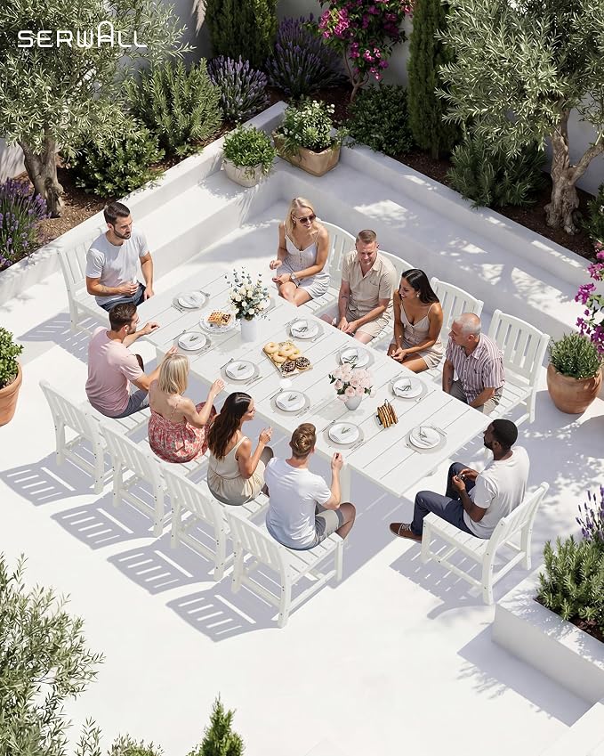 SERWALL 9-Piece Outdoor Dining Set, 60" - 83" Expandable Outdoor Dining Table and 8 HDPE Chairs, All Weather HDPE Outdoor Furniture Set for Backyard, Garden, White - Image 8