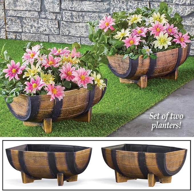 Collections Etc Rustic Half Barrel Planters - Set of 2, Weather Resistant Decorative Accent with Removable Drain Screen