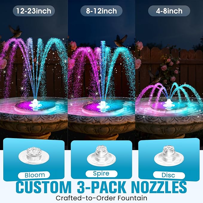 4000mAh Solar Fountain,2026 Solar Bird Bath Fountain Pump,3 Spray Solar Powered Water Fountain with Lights,Floating Birdbath Fountain,DIY Water Bird Bath Fountain for Outdoor,Garden,Pond-Dark