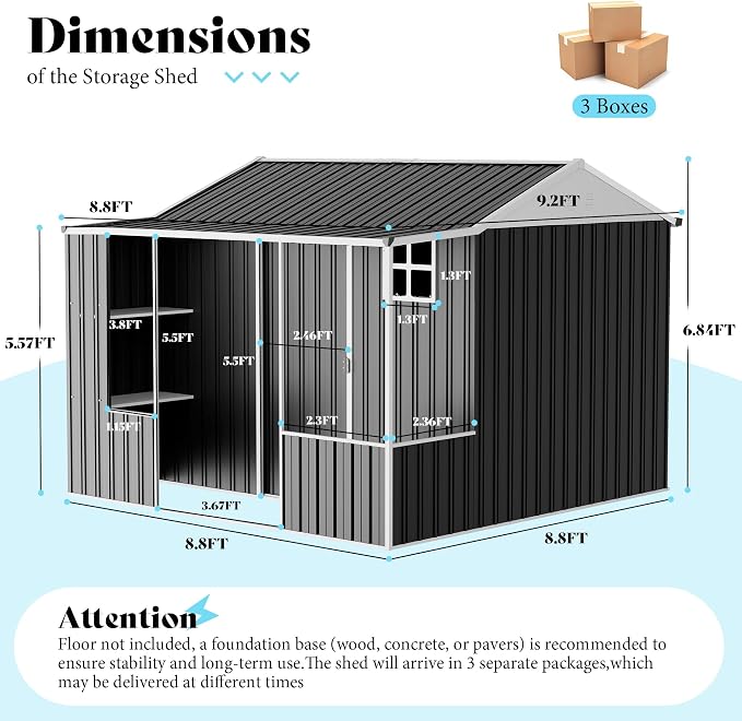 VanAcc 9x9x7 FT Metal Storage Shed, Dual-Zone Tool Shed with Work Area, Reinforced Frame, Gable Roof, Ventilated Design, Dark Grey - Image 2