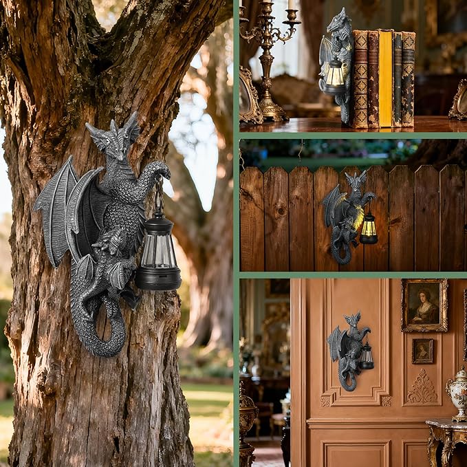 Solar Garden Decor Dragon Tree Hugger Statue | Outdoor Lawn Ornament with LED Light for Yard, Patio, Balcony | Unique Fantasy Dragon Figurine Gift for Women, Mom, Grandma