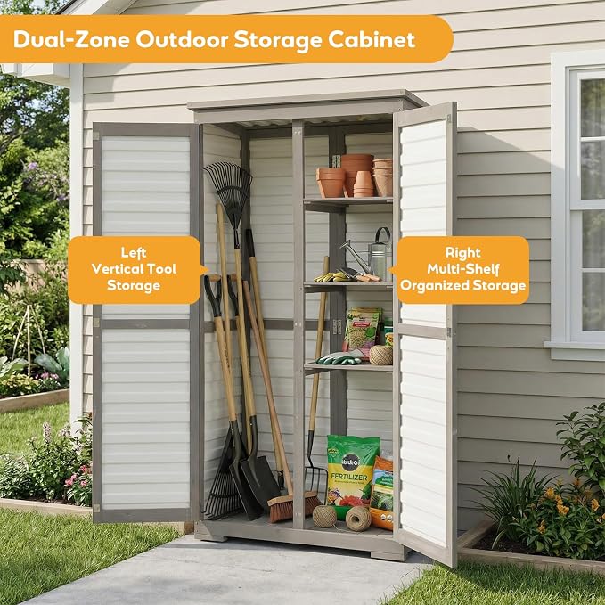 Outdoor Storage Cabinet with Shelves, Lockable Garden Shed, Wood & Plastic Weatherproof Outside Tool Cabinet for Patio, Backyard, Balcony White - Image 2