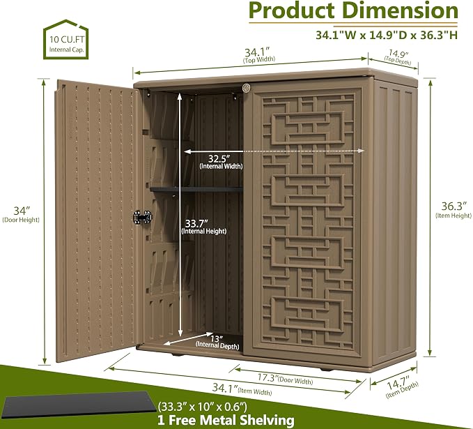 ZZM HDPE Outdoor Storage Shed, Outdoor Plastic Storage Cabinet, Horizontal Resin Tool Shed for Garden, All Weather Outdoor Storage Clearance, DIY Usage, with one Shelf (Coffee) - Image 3