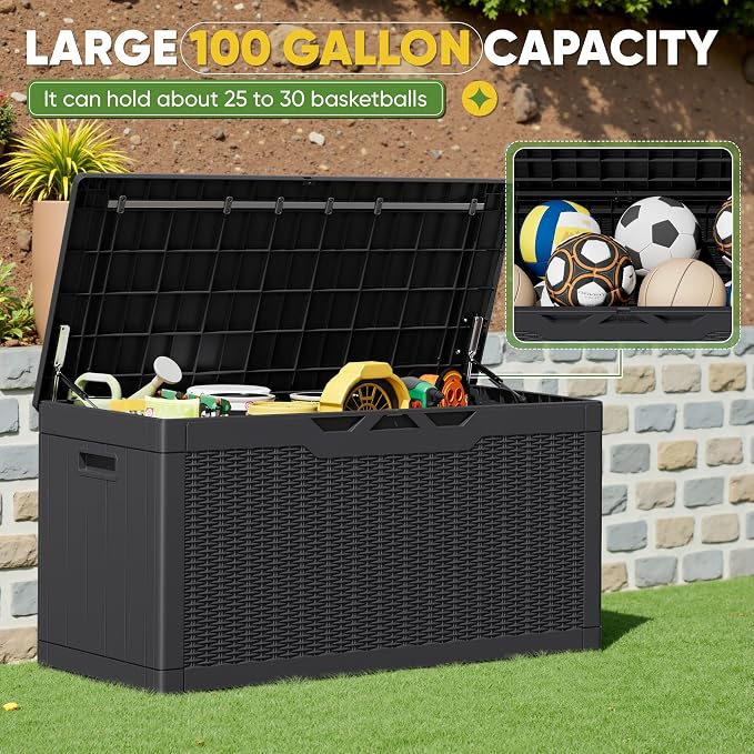 Greesum Outdoor Storage Box 100 Gallon Storage Bin with Lid for Patio Furniture, Garden Tools, Pool Supplies, Lockable, Waterproof and UV Resistant, Black - Image 4