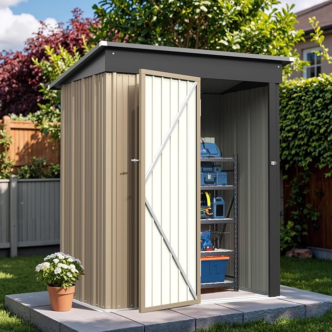 Greesum Outdoor Storage Shed 5 x 3 ft. Utility Tool Shed Metal Storage Garden Shed with Door & Lock for Patio Storage, Brown by BuynowfromGreesum