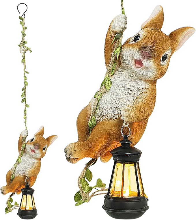 Joliyoou Easter Yard Décor, 6.9" H Resin Rabbit Climbing On A 23.6" L Vine with Solar LED Light, Waterproof Hanging Bunny Figurine Outdoor Statues with Hook for Garden Wall Balcony Tree Decoration