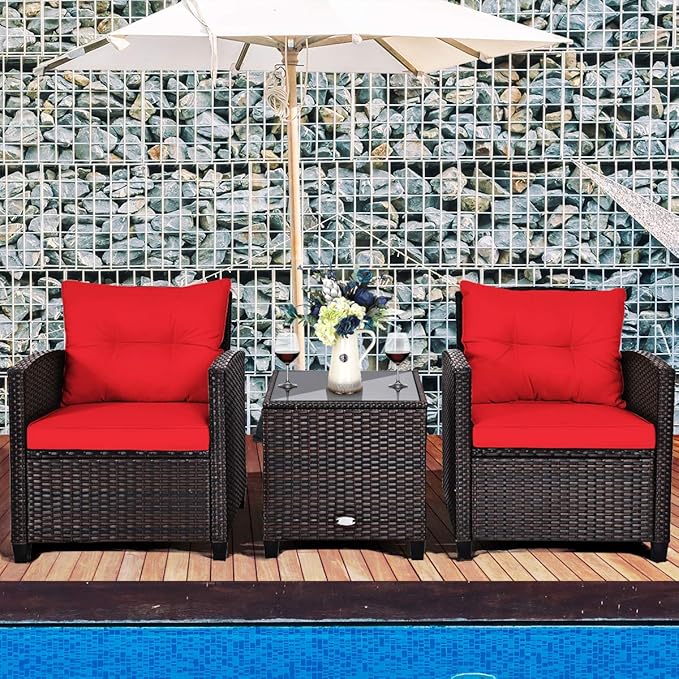 KOTEK 3 Piece Patio Furniture Set, Outdoor Conversation Set with Washable Cushions & Tempered Glass Tabletop, PE Rattan Wicker Bistro Set for Porch, Garden, Balcony (Red)