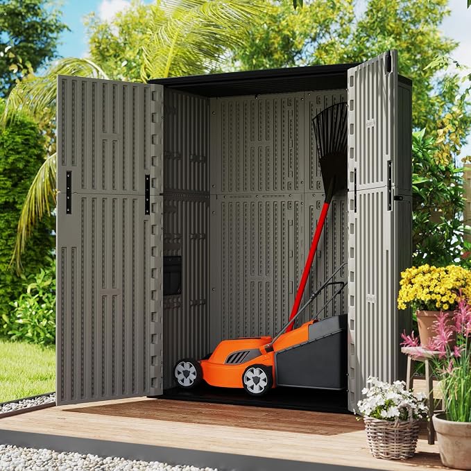 ZZM 57 Cu.ft Outdoor Storage Shed with Floor HDPE Double-Wall Resin Sheds Outdoor Storage, Lockable Weatherproof Storage Cabinet Fit for Garden Tools, Garage can, Bike, Patio Furniture, Brown - Image 2